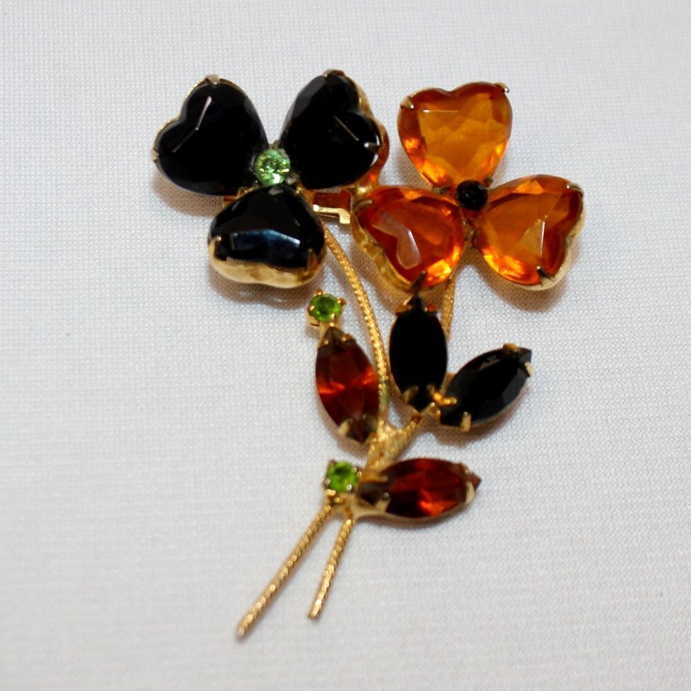 Vintage Amber Crystal and Black Galss Heart Shaped Flowers and Leaves Brooch